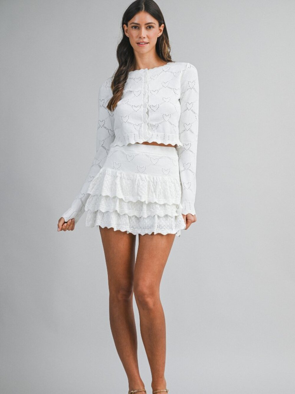 NWT Mable White 100% Cotton Heart Pattern Cardigan Ruffle Mini Skirt Set